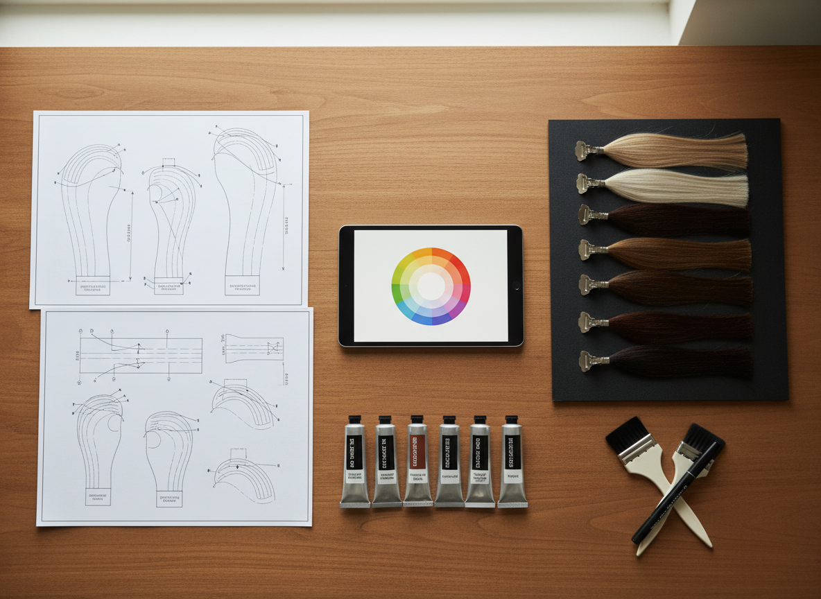 An overhead photographic view of a clean, organized colorist’s desk arranged like a study station: printed technical diagrams of hair sectioning, a sleek tablet displaying a color wheel, swatches of hair in varying tones clipped to a matte black board, and a neatly aligned row of labeled color tubes. A fine-tip marker and precision mixing brushes cross subtly in the corner, all set on a smooth, warm wood surface. Soft, overcast window light from one side creates calm, even illumination with delicate shadows that define each object. The composition uses rule-of-thirds balance, with thoughtful negative space, evoking a sophisticated, academic mood ideal for an online course or educational blog header.