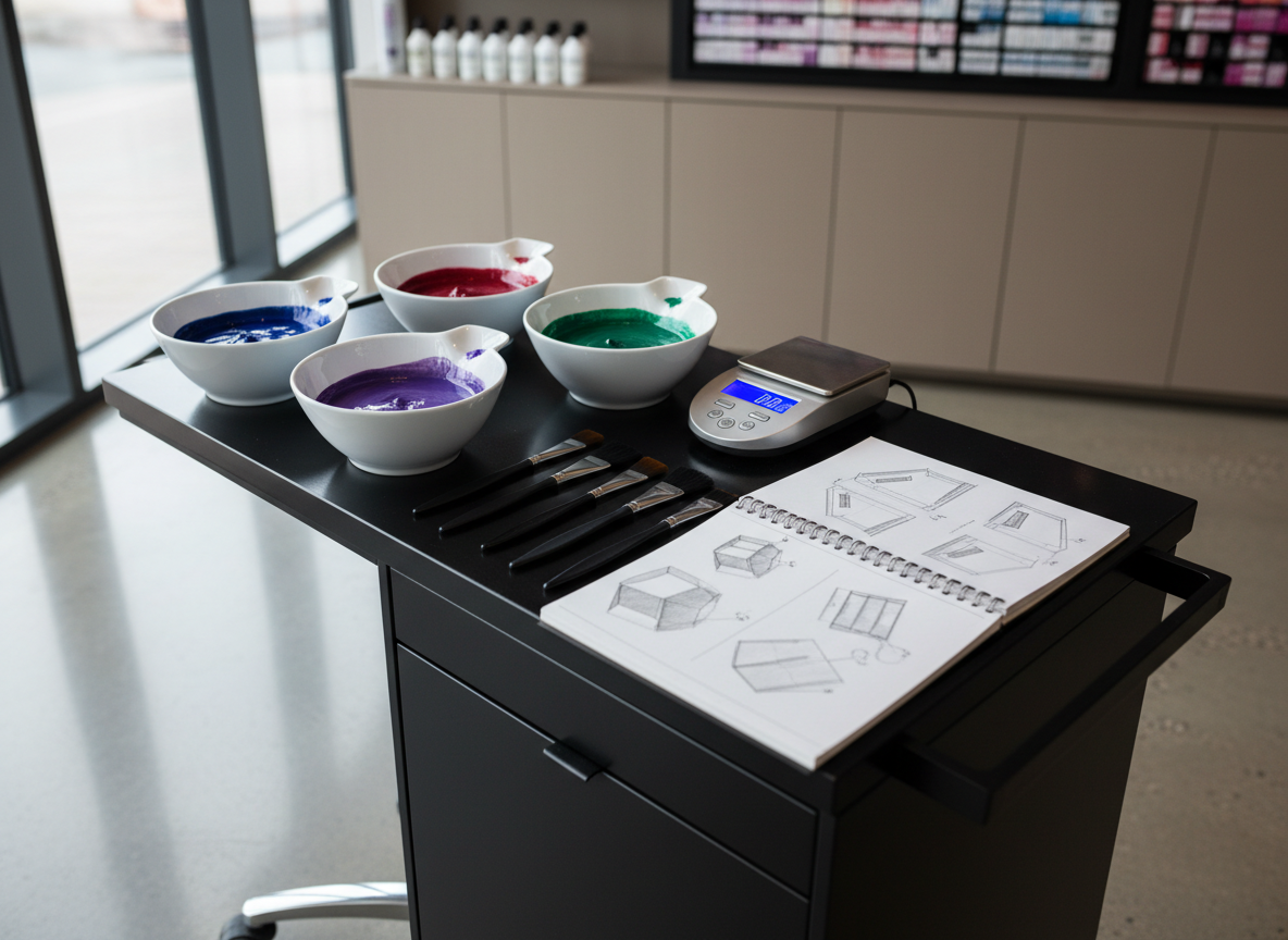 A meticulously arranged workstation for advanced hair color formulation, featuring a sleek black salon trolley topped with pristine white ceramic mixing bowls filled with creamy, jewel-toned hair color. Stainless-steel color brushes rest neatly beside a digital scale and a lined, open notebook filled with sketched placement diagrams. The setup is positioned on a smooth concrete floor beside a tall window, with soft, diffused daylight creating gentle reflections on the tools. The background falls into a subtle blur of neutral-toned cabinetry and organized color bottles. Photographic realism at eye level with a shallow depth of field, conveying a sophisticated, studious atmosphere that feels like a professional color lab dedicated to serious education and precision.