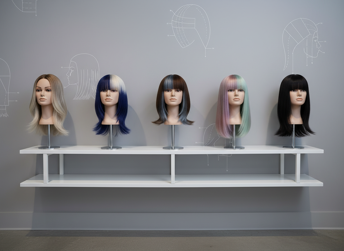 A row of mannequin heads with pristine, multi-dimensional hair color displayed on a minimalist matte-white shelving unit, each head mounted on sleek chrome stands. The hair shows advanced techniques: seamless balayage, high-contrast foiling, and cool, reflective brunettes, all rendered with photographic realism and intricate strand detail. The shelving stands against a soft gray wall accented with faint, abstract line diagrams of hair sections. Soft studio lighting from above and slightly to the side casts refined highlights and gentle shadows, emphasizing texture and shine. Shot from a slightly elevated, wide-angle perspective with sharp focus throughout, the mood is quietly aspirational and academic, like a gallery of technical mastery for serious hair colorists.